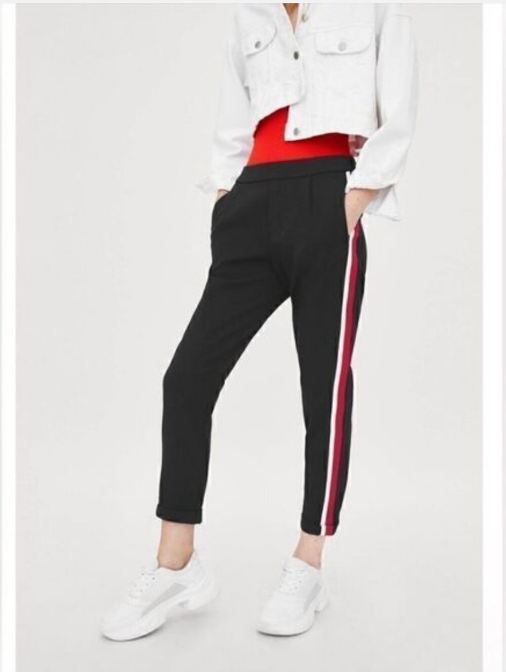 Zara Trousers High Rise Women's S in Black With Red And White Side Stripes